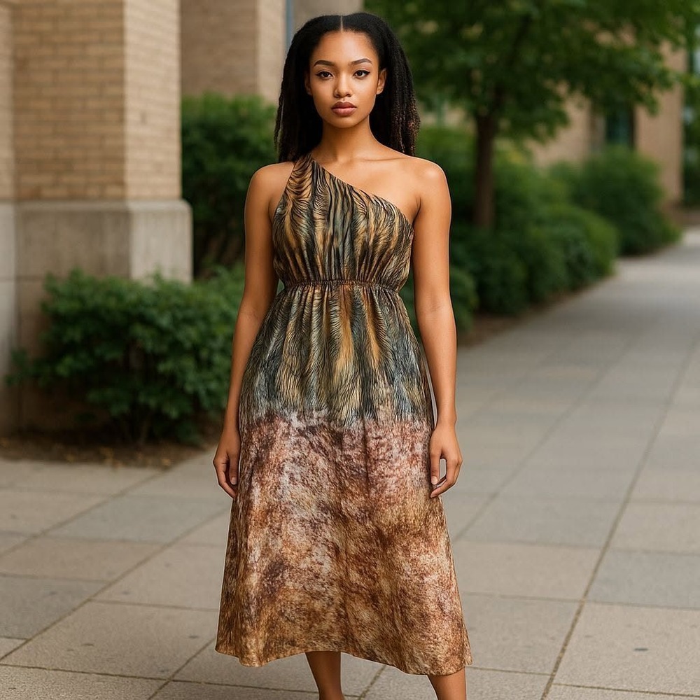 Elle Bella Couture One Shoulder Maxi Dress – Brown Animal Print‎